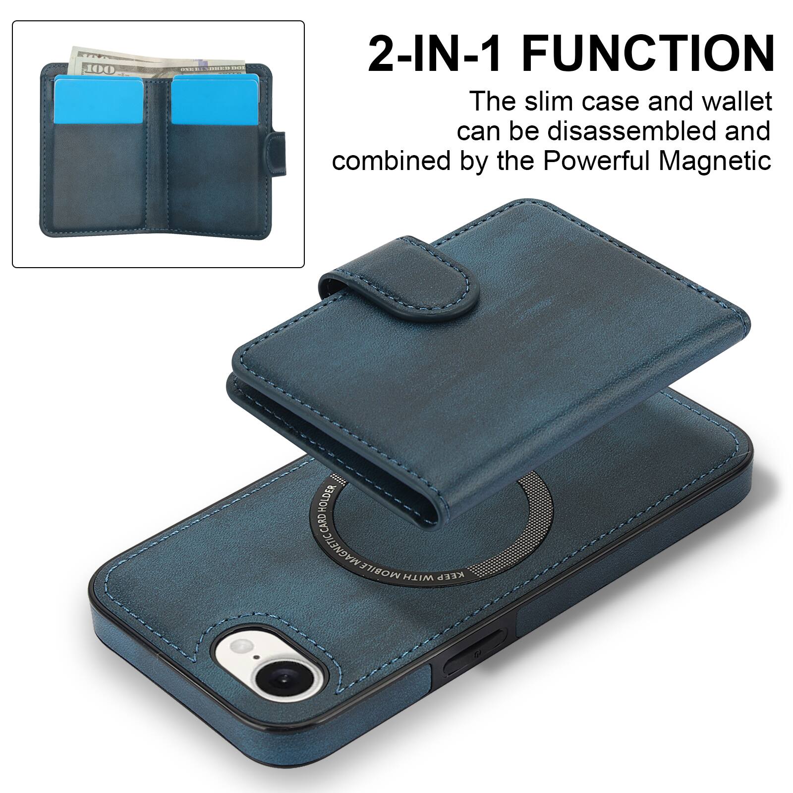 2-IN-1 FUNCTION  
The slim case and wallet can be disassembled and combined by the Powerful Magnetic Holder.