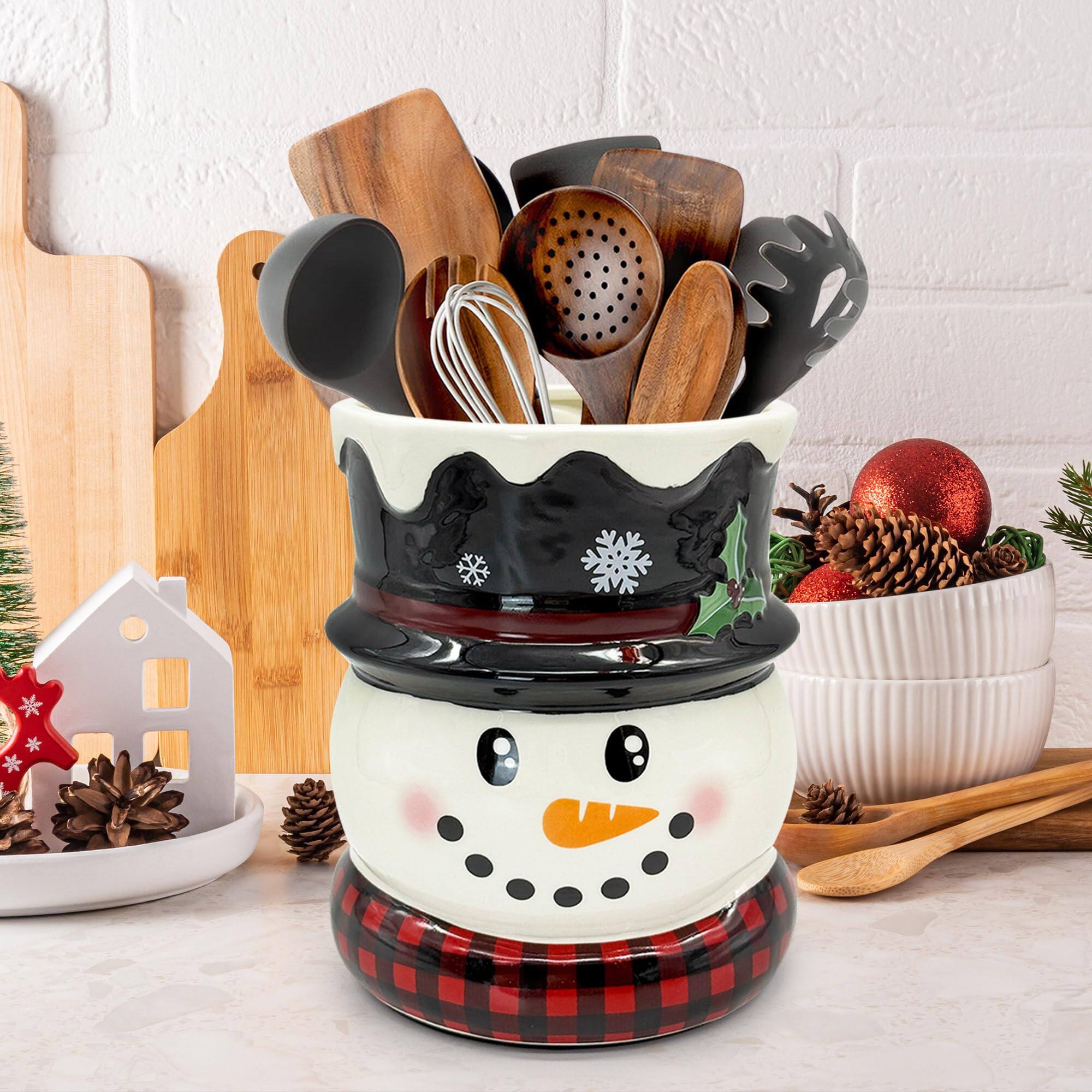 Alt View 2. Paradigms Interiors - Christmas Kitchen Decor Ceramic Snowman Utensil Holder Cute Utensils Xmas Crock For Rustic Farmhouse Indoor... - Christmas Snowman.