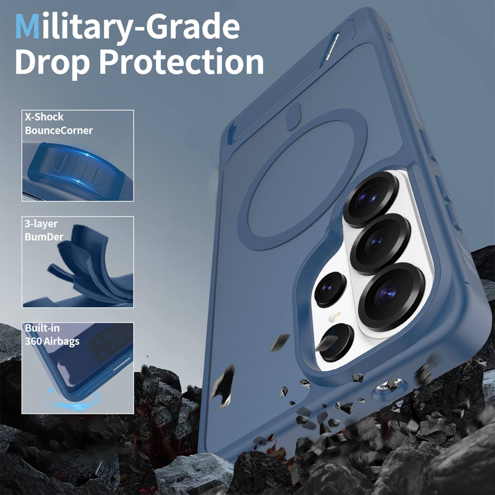Military-Grade Drop Protection

X-Shock BounceCorner

3-layer BumDer

Built-in 360 Airbags