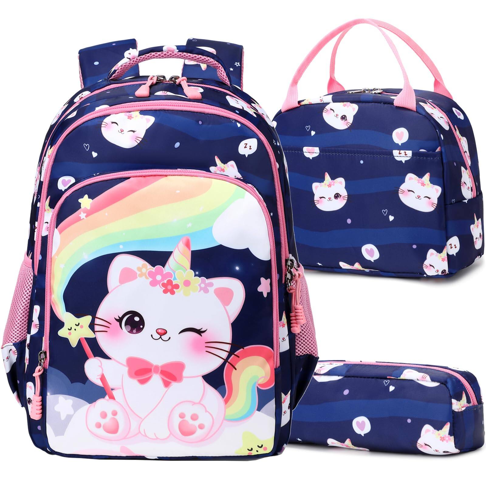 Cozy Serene - Backpack For Elementary School Bookbag Set Cute Unicorn Backpacks Water Resistant - Caticorn Navy
