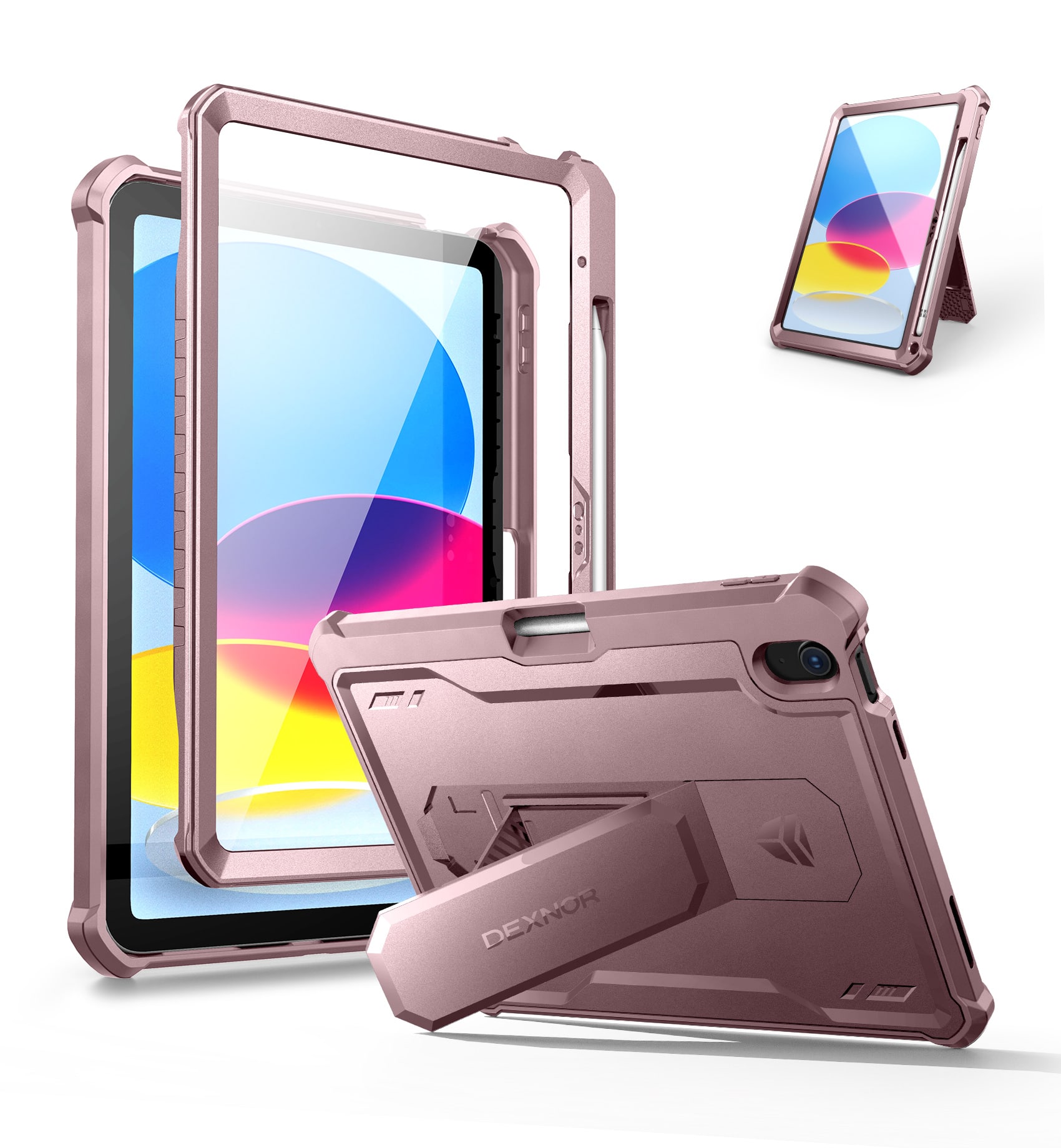 Dexnor - For iPad 10th Gen/ipad 11th Gen Case with Built-in Screen Protector, Pencil Holder Heavy Duty Shockproof Full Body Cover - Peony Pink
