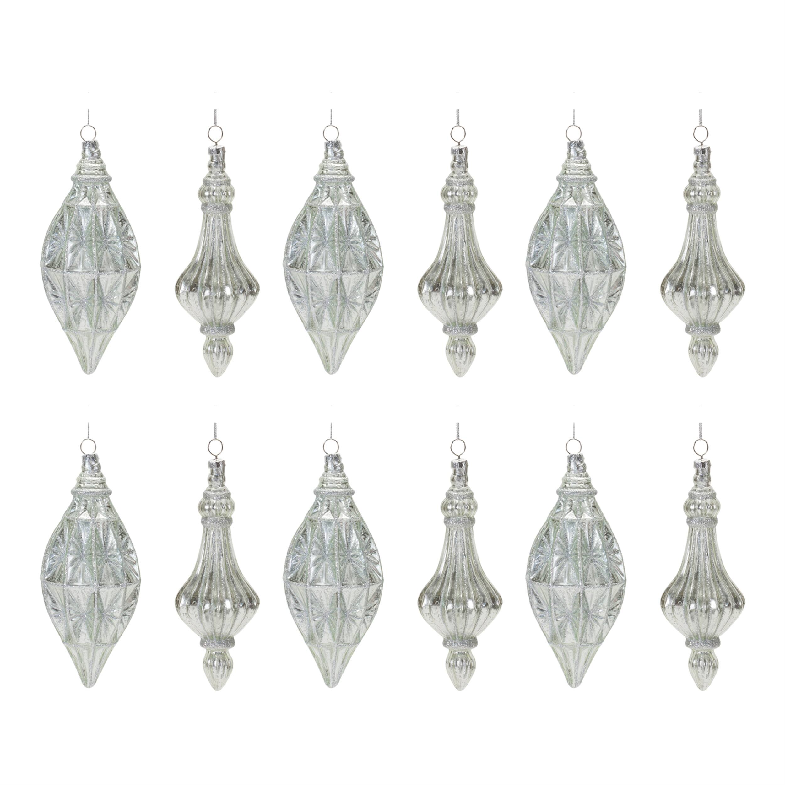 Left. BreeBe - Glittered Glass Drop Ornament (Set of 12) - Silver.