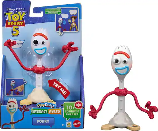 Disney PIXAR TOY STORY 5 UNLOCK MORE SOUNDS! TALKS TO OTHER TOY STORY INTERACTABLES NOW! TRY ME! Play SCALE 10+ INTERACT ABLES SOUNDS & PHRASES FORKY 3+ MATTEL