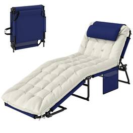 Resenkos - Folding Chaise Lounge Pool Chair With 4-Level Reclining Back, Cushion, Side Pocket, Headrest - Blue