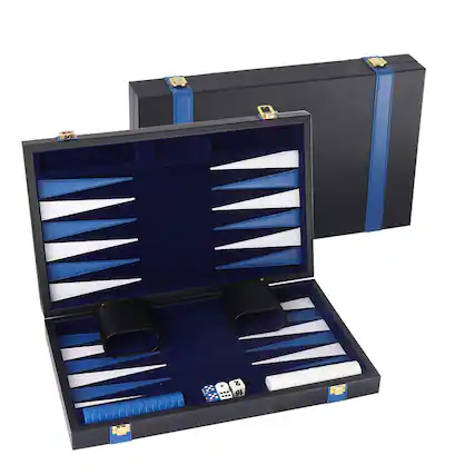 Front. GSE Games & Sports Expert - Premium Leather Backgammon Board Game Set, Backgammon Game Set with Leather Case -Black&Blue, Small.