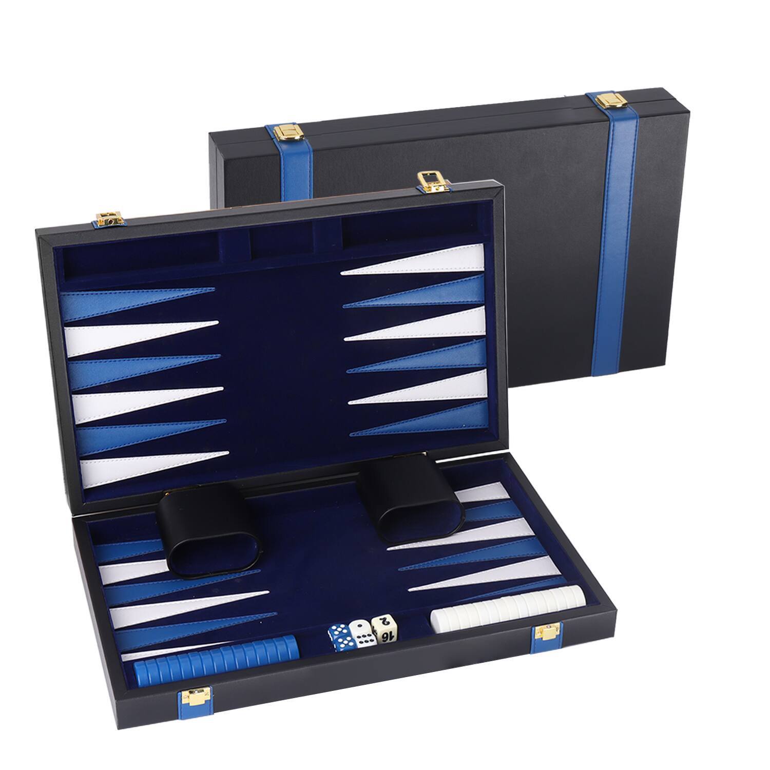 Front. GSE Games & Sports Expert - Premium Leather Backgammon Board Game Set, Backgammon Game Set with Leather Case -Black&Blue, Small.