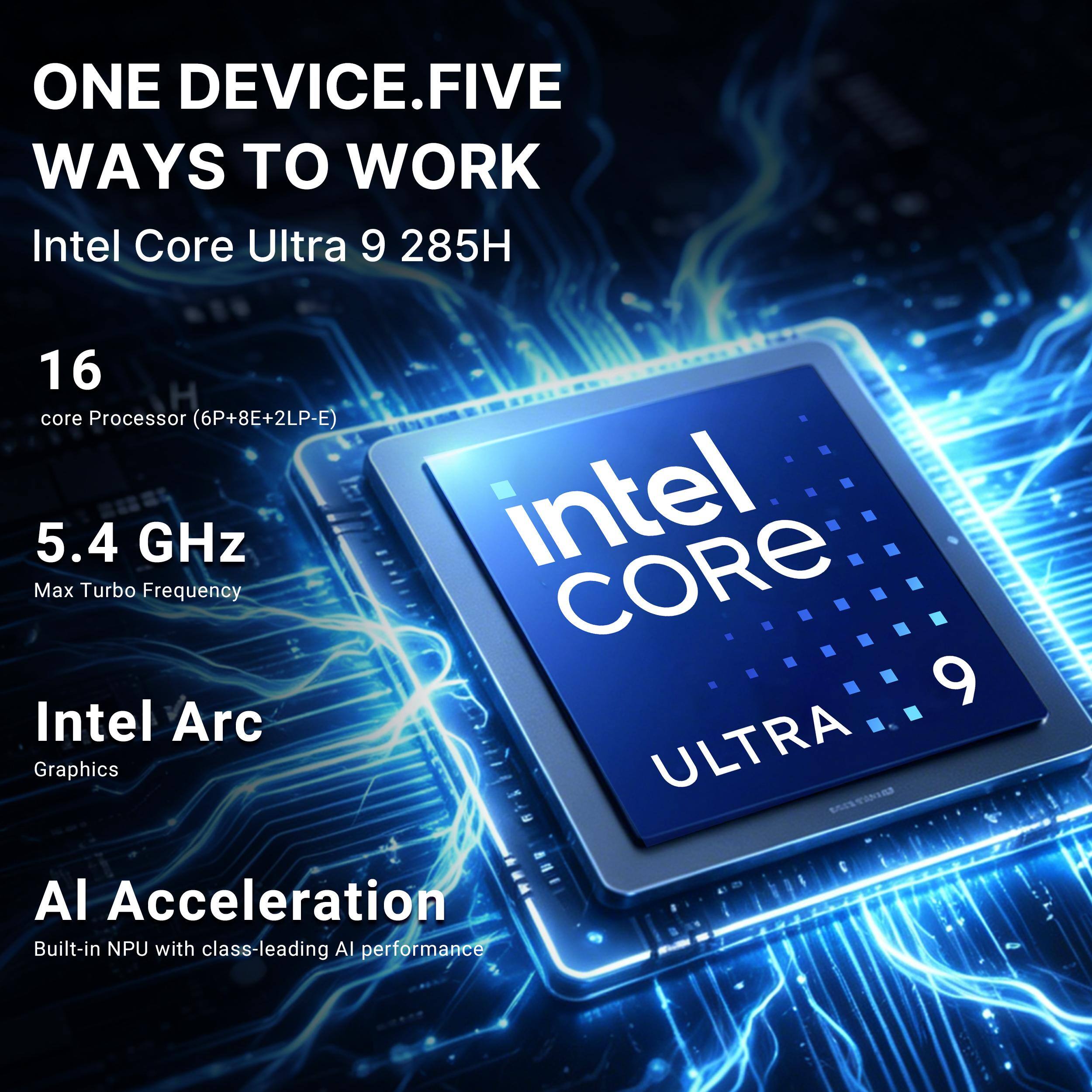 ONE DEVICE. FIVE WAYS TO WORK  
Intel Core Ultra 9 285H  
16 core Processor (6P+8E+2LP-E)  
5.4 GHz Max Turbo Frequency  
Intel Arc Graphics  
AI Acceleration  
Built-in NPU with class-leading AI performance