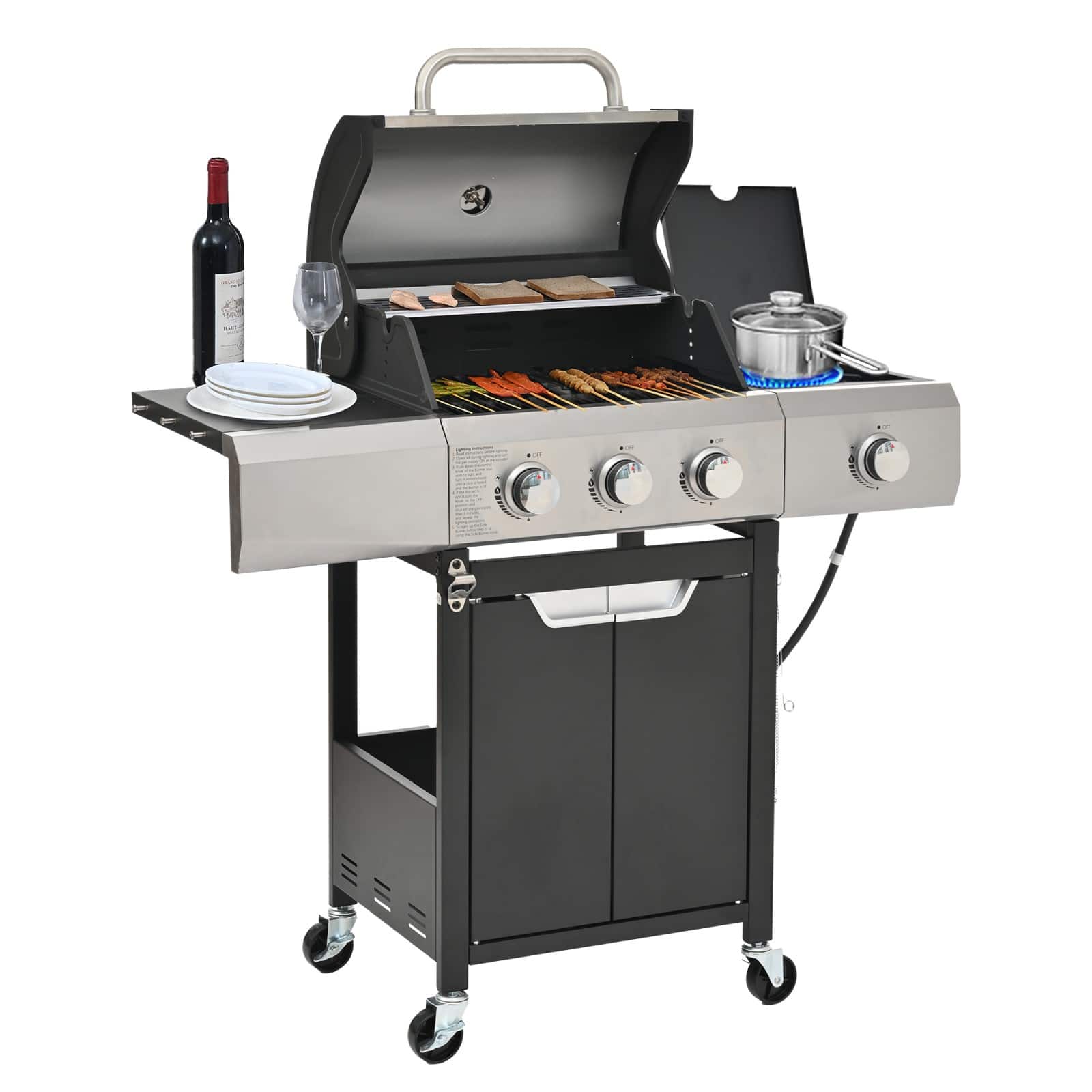 Ecooso - Propane Grill 3 Burner Barbecue Grill Stainless Steel Gas Grill with Side Burner for Outdoor BBQ, Camping - Silver