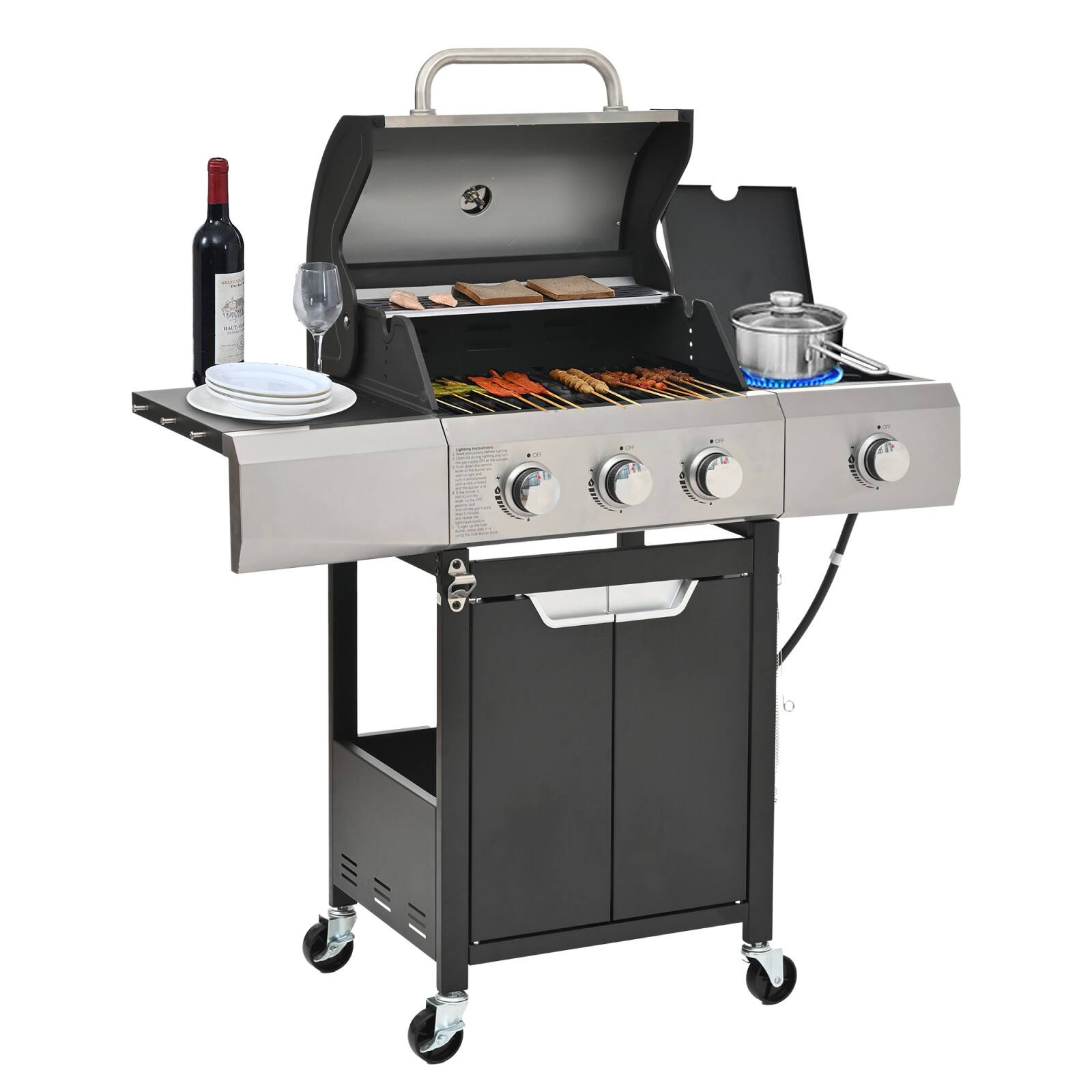 Ecooso - Propane Grill 3 Burner Barbecue Grill Stainless Steel Gas Grill with Side Burner for Outdoor BBQ, Camping - Silver