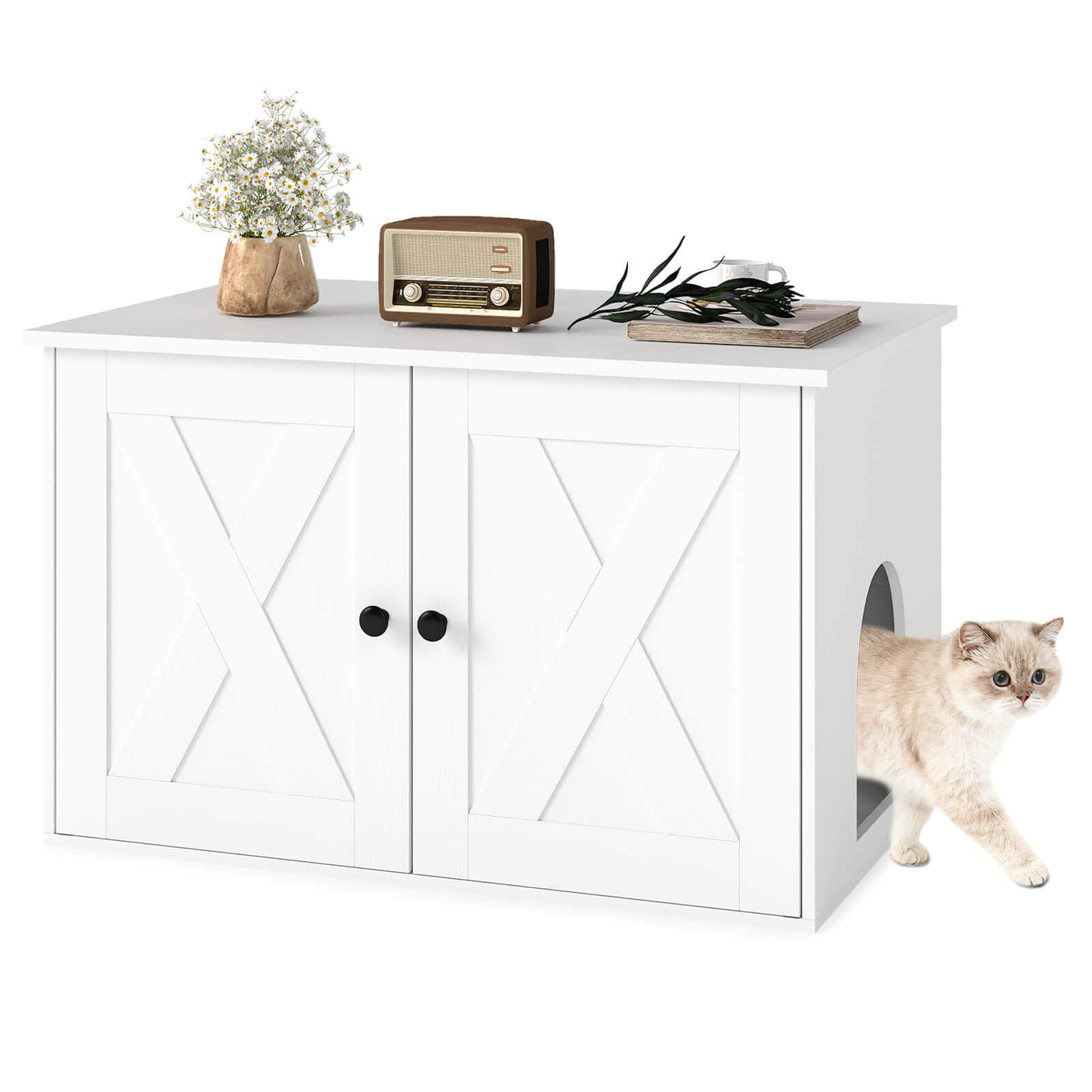 Costway - Hidden Cat Litter Box Enclosure Furniture with Divider for Living Room Bedroom - White