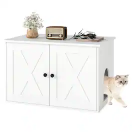 Costway - Hidden Cat Litter Box Enclosure Furniture with Divider for Living Room Bedroom - White