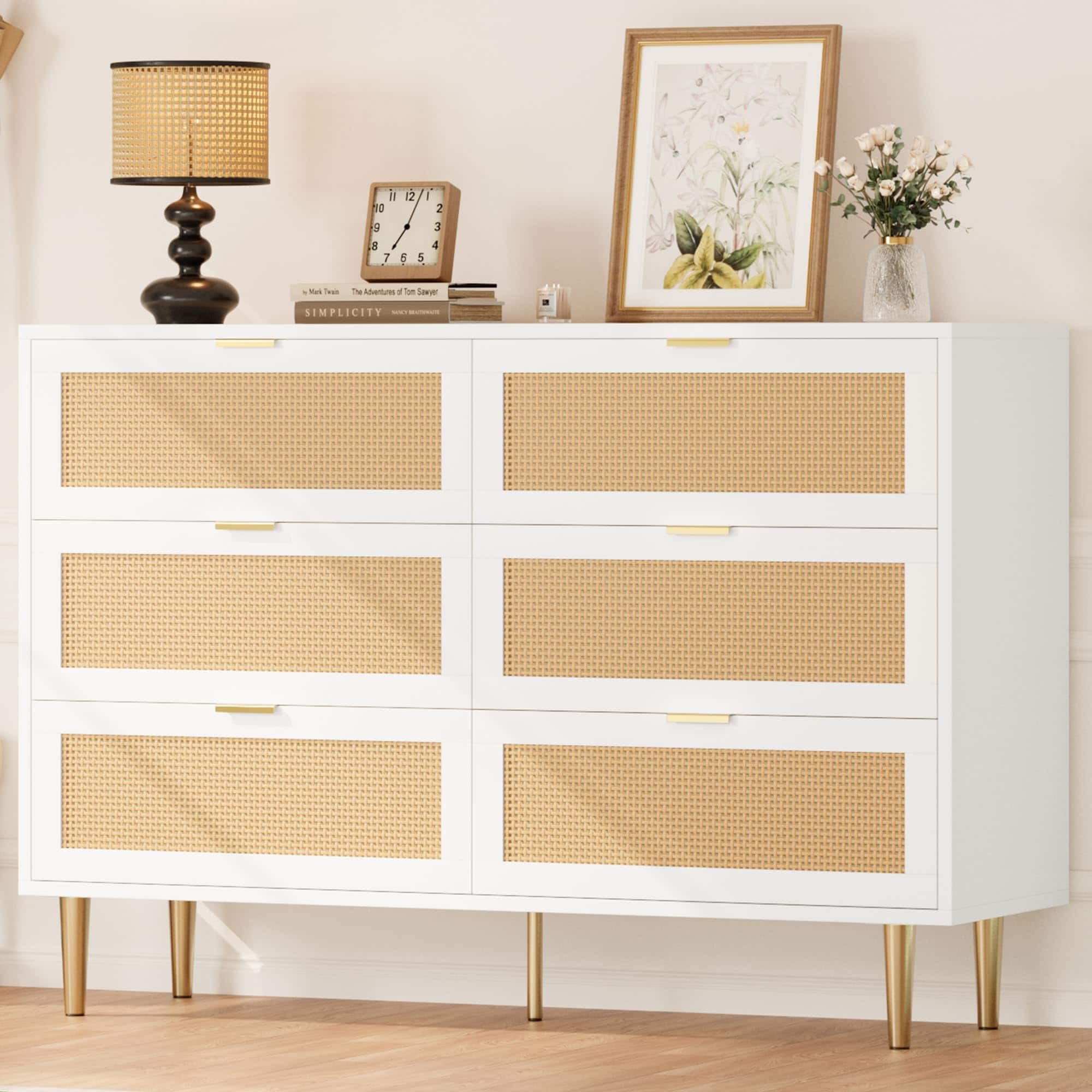 GARVEE - Natural Rattan 6 Drawer Dresser for Bedroom, Chest of Drawers with Gold Legs and Gold Handles, Wide Double Dresser - White