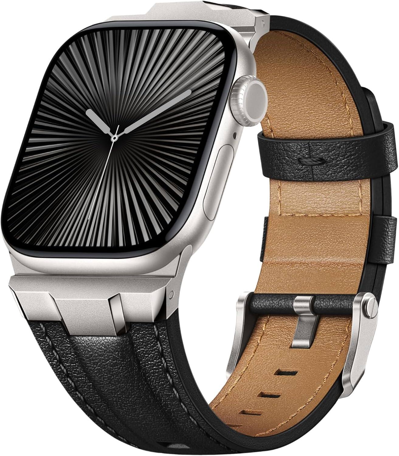 Front. Core Tech - Genuine Leather Band for Apple Watch 38/40/41/42mm (Series 10/11), Adjustable - Titanium/Classic Black.