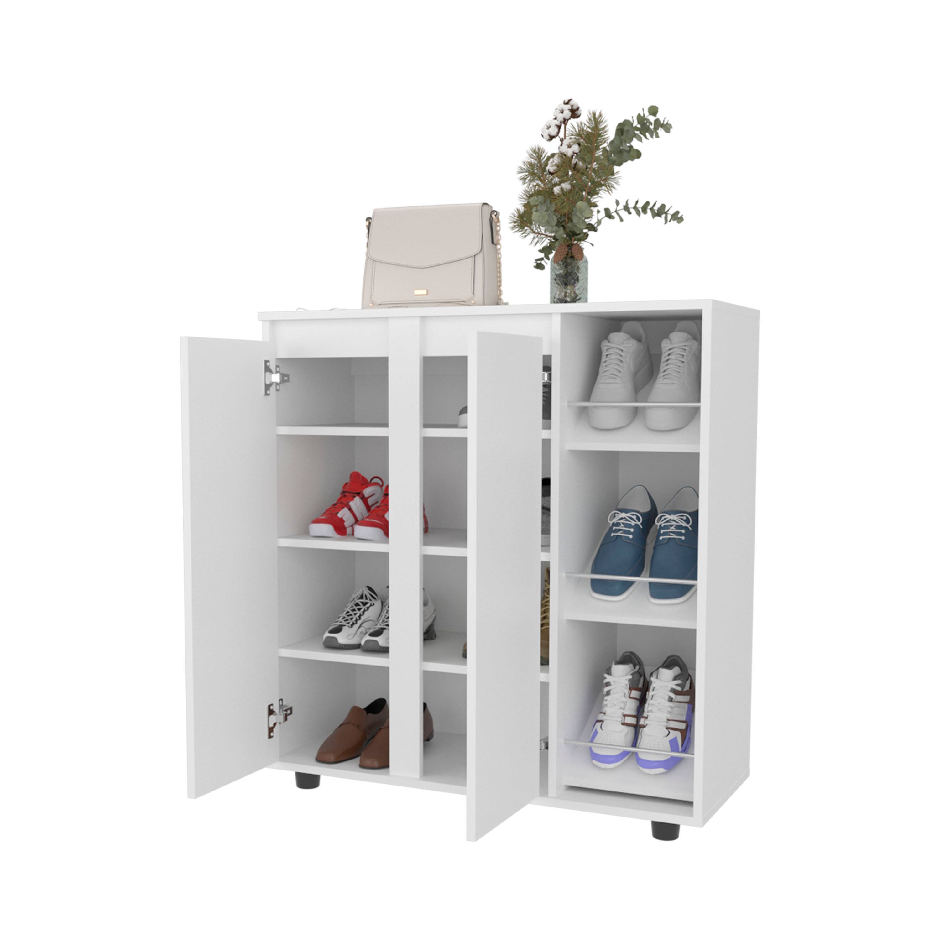 Back. TinyHomie - Gitano Shoe Storage Cabinet 2 Doors 8 Enclosed Shelves 3 Open Side Shelves Freestanding Design - White.