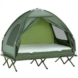 Outsunny - Tent Cot, 4-in-1 Elevated Camping Bed Combo with Air Mattress, Bed Cover - Dark Green