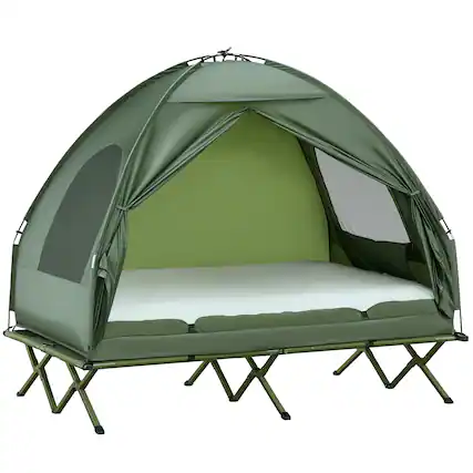 Front. Outsunny - Tent Cot, 4-in-1 Elevated Camping Bed Combo with Air Mattress, Bed Cover - Dark Green.