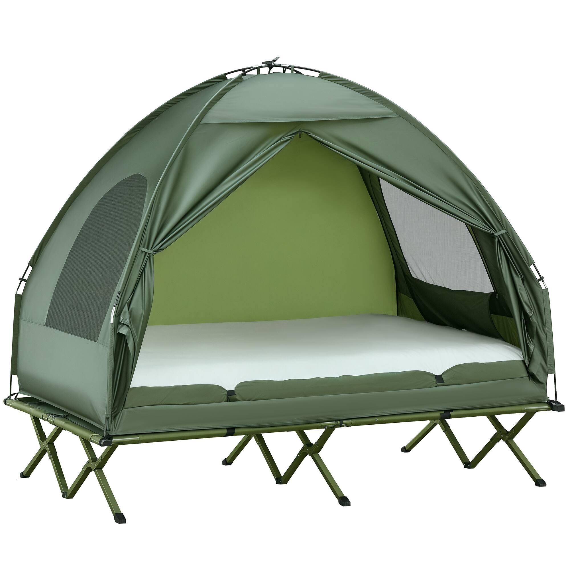 Outsunny - Tent Cot, 4-in-1 Elevated Camping Bed Combo with Air Mattress, Bed Cover - Dark Green