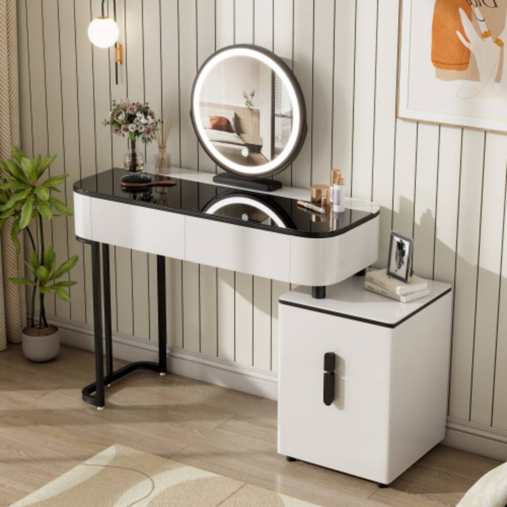 Alt View 4. LUCKY ONE - 39.4in Freestanding Vanity Table with Glass Top, Storage Cabinet and Mirror for Bedroom - White.