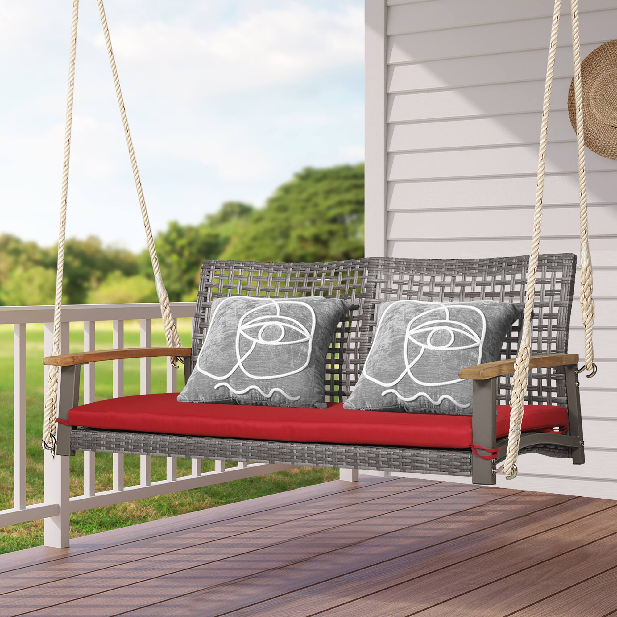 Alt View 1. Costway - Costway 2-Person Patio Wicker Hanging Swing Chair Loveseat Cushion Porch - Mix Grey,Red.