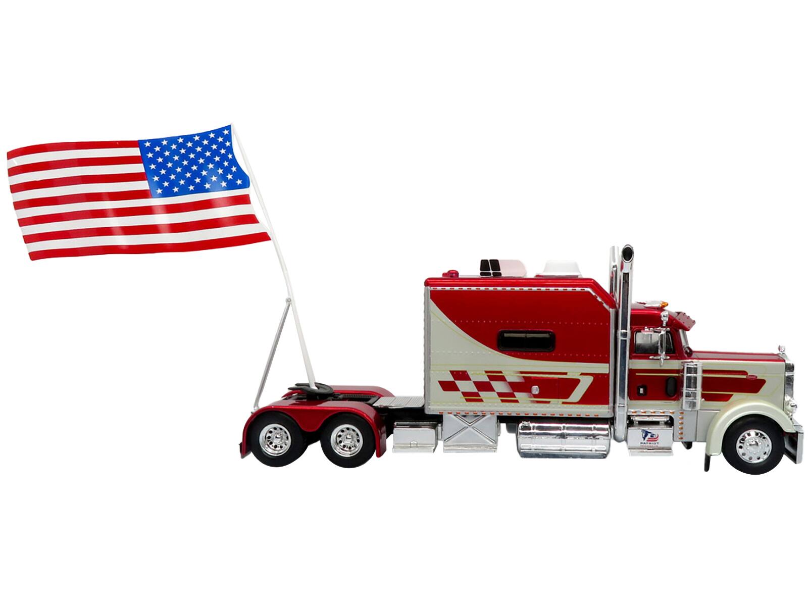Angle. Iconic Replicas - 1997 Peterbilt 379 Tractor Truck White Red Metallic American Flag Limited Edition Vintage Heavy Haul 1/43 - White, Red Metallic.
