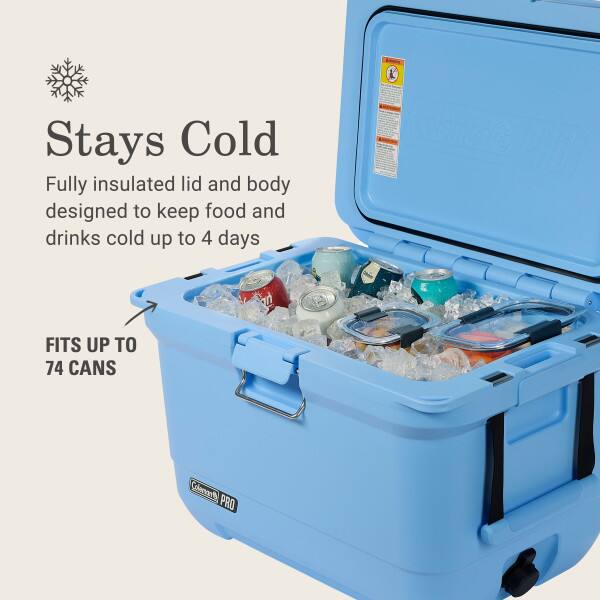 Stays Cold

Fully insulated lid and body designed to keep food and drinks cold up to 4 days

FITS UP TO 74 CANS

Coleman PRO
