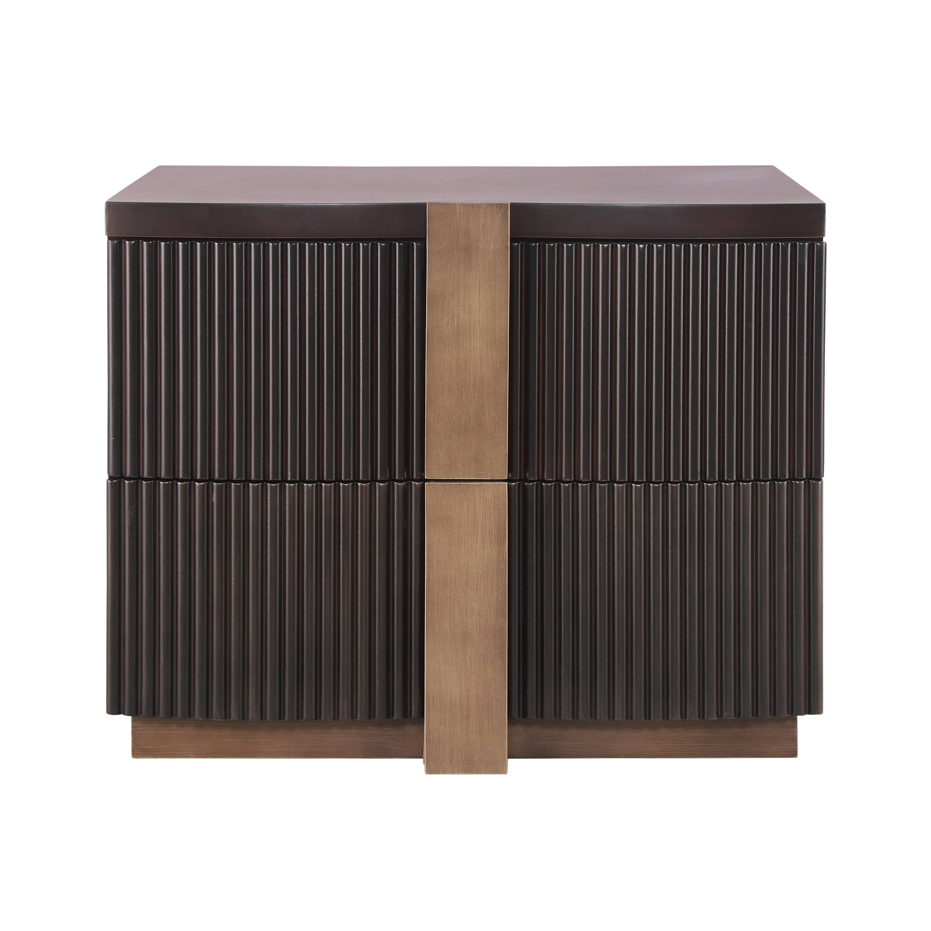 Back. Whisen - 2-Drawer Fluted Nightstand,Fully Assembled Bedside Table with Heavy-Duty Base and Gold Pulls - Dark Brown.