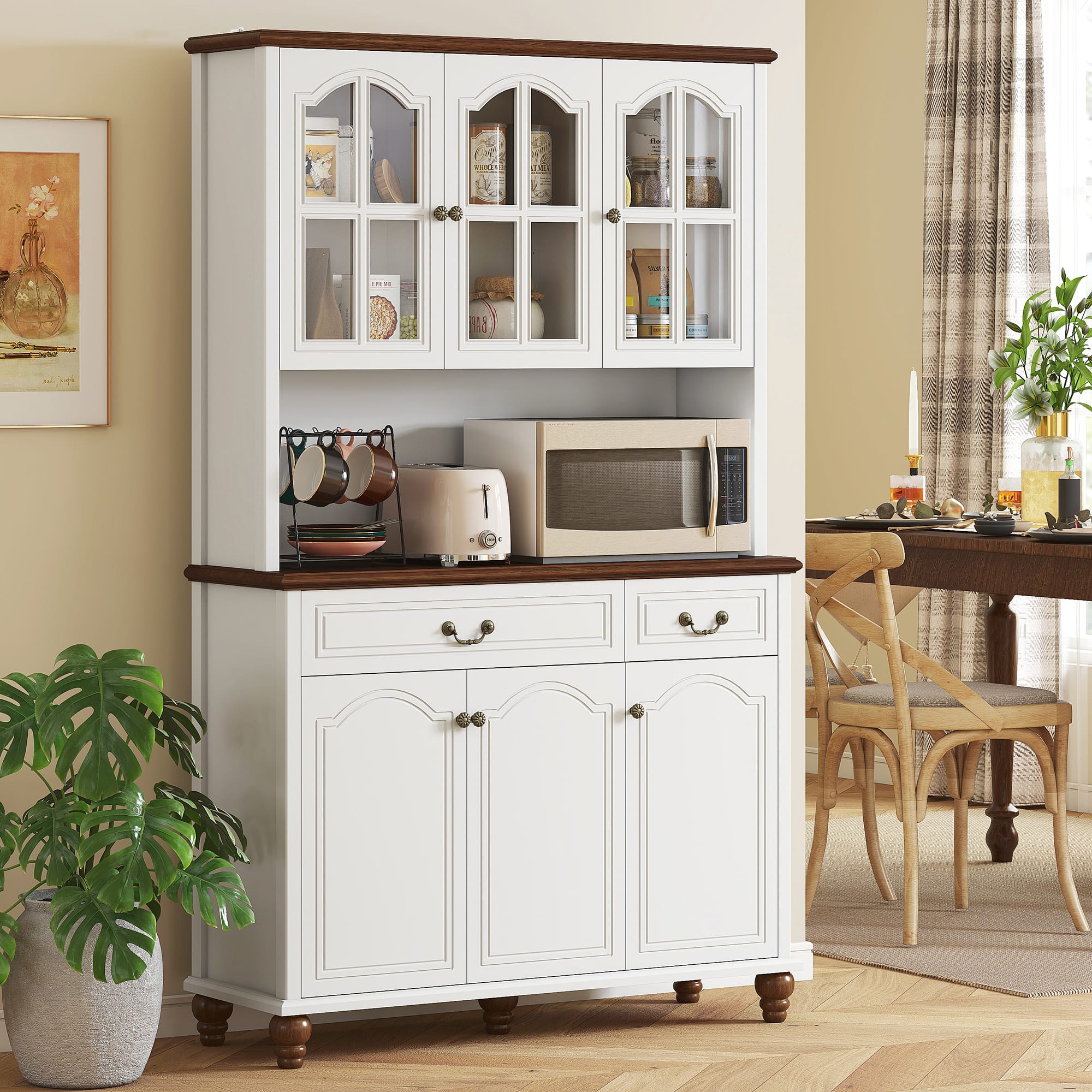 Front. Homcom - 71" Kitchen Pantry Cabinet, Kitchen Hutch with Window Pane Doors, 2 Drawers and 3 Adjustable Shelves for Dining Room - White.
