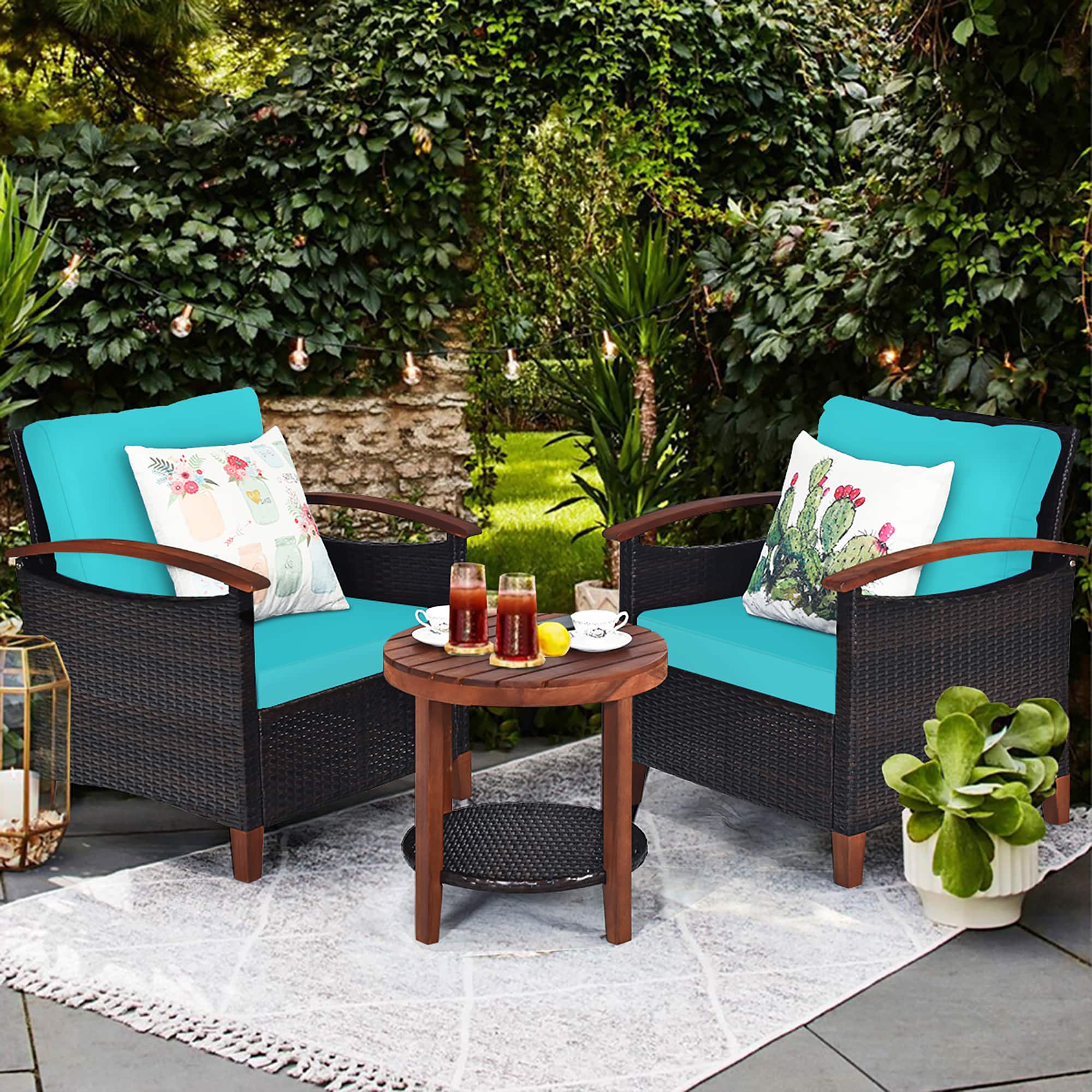 Front. Costway - Costway 3PCS Patio Rattan Furniture Set Wooden Frame Cushion Table Shelf - Turquoise.