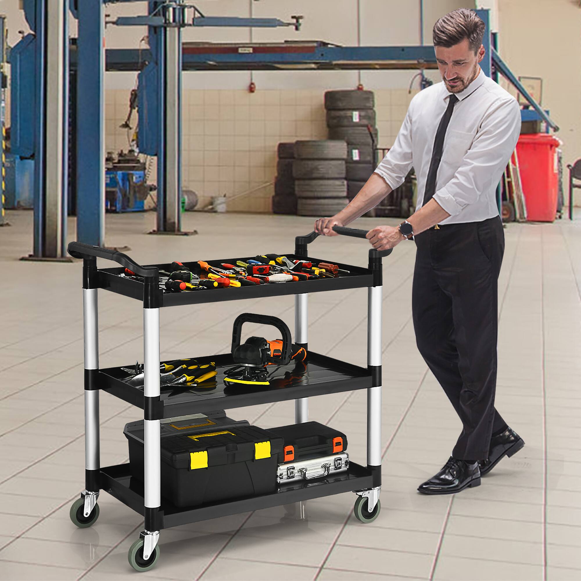 Alt View 3. Costway - Costway 3-Shelf Utility Service Cart Aluminum Frame 490lbs Capacity w/ Casters - Black,Silver.