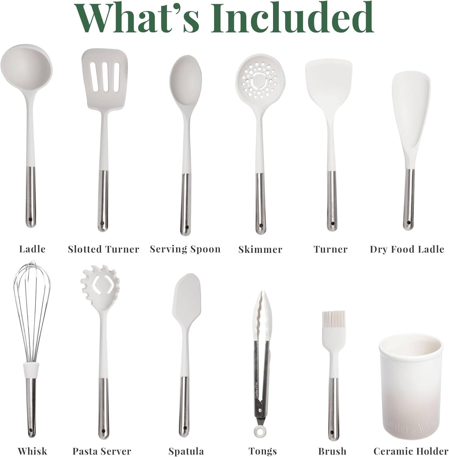 What's Included

- Ladle
- Slotted Turner
- Serving Spoon
- Skimmer
- Turner
- Dry Food Ladle
- Whisk
- Pasta Server
- Spatula
- Tongs
- Brush
- Ceramic Holder