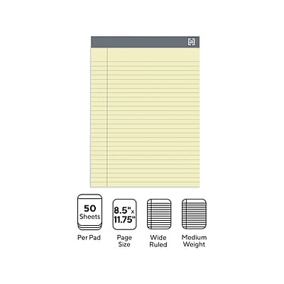 50 Sheets  
8.5" x 11.75"  
Per Pad  
Page Size  
Wide Ruled  
Medium Weight
