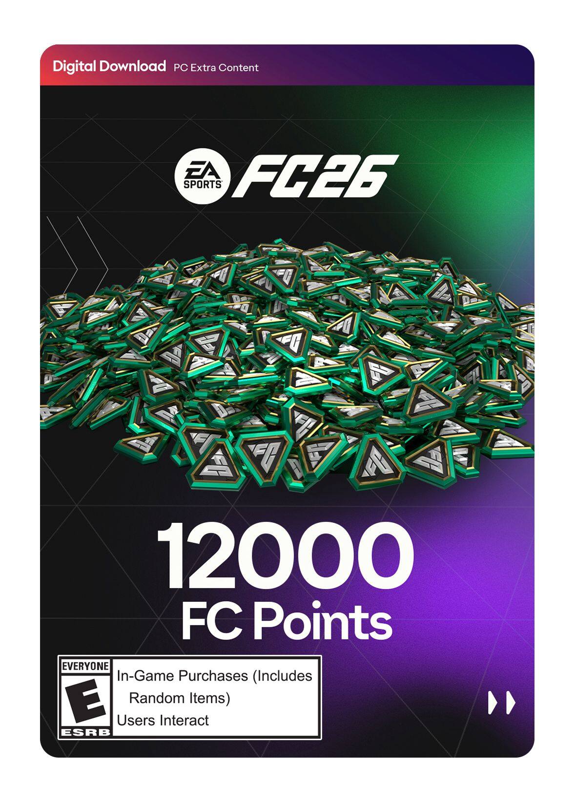 Digital Download
PC Extra Content
EA SPORTS
FC26
12000 FC Points
EVERYONE
In-Game Purchases (Includes Random Items)
Users Interact
ESRB