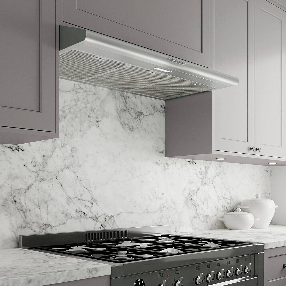 Back. Streamline - 36 in. Belluno Ductless Undermount 80 CFM Range Hood, Mesh Filters, Push Button Control, LED Light - Brushed Stainless Steel.