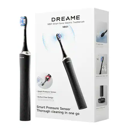 DREAME Sonic Electric Toothbrush NB01 Smart NB01 GREAME CA
Angled Head - mana mpas - - - - - -
REAME OREA g Britlles with Silver - - c Smart Pressure Sensor
The smart pressure sensor protects your gums
Button-Free Design Starts brushing when picked - and when removed from the mouth
Smart Pressure Sensor Thorough cleaning in one go
Charge Dock