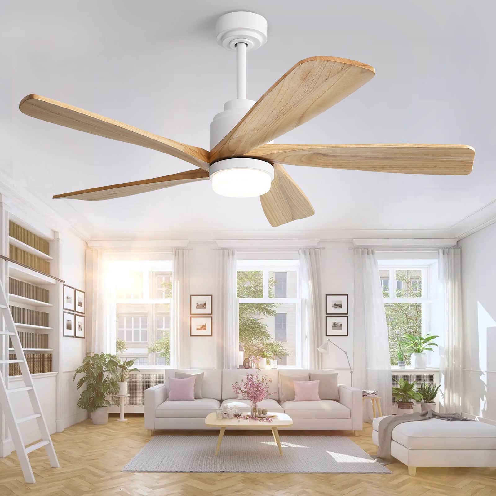 Front. Sofucor - 52 inch Modern Smart Ceiling Fan Ceiling Fan with Lights Remote Alexa Google APP Control Indoor Outdoor Wood Ceiling Fan - White Burley.