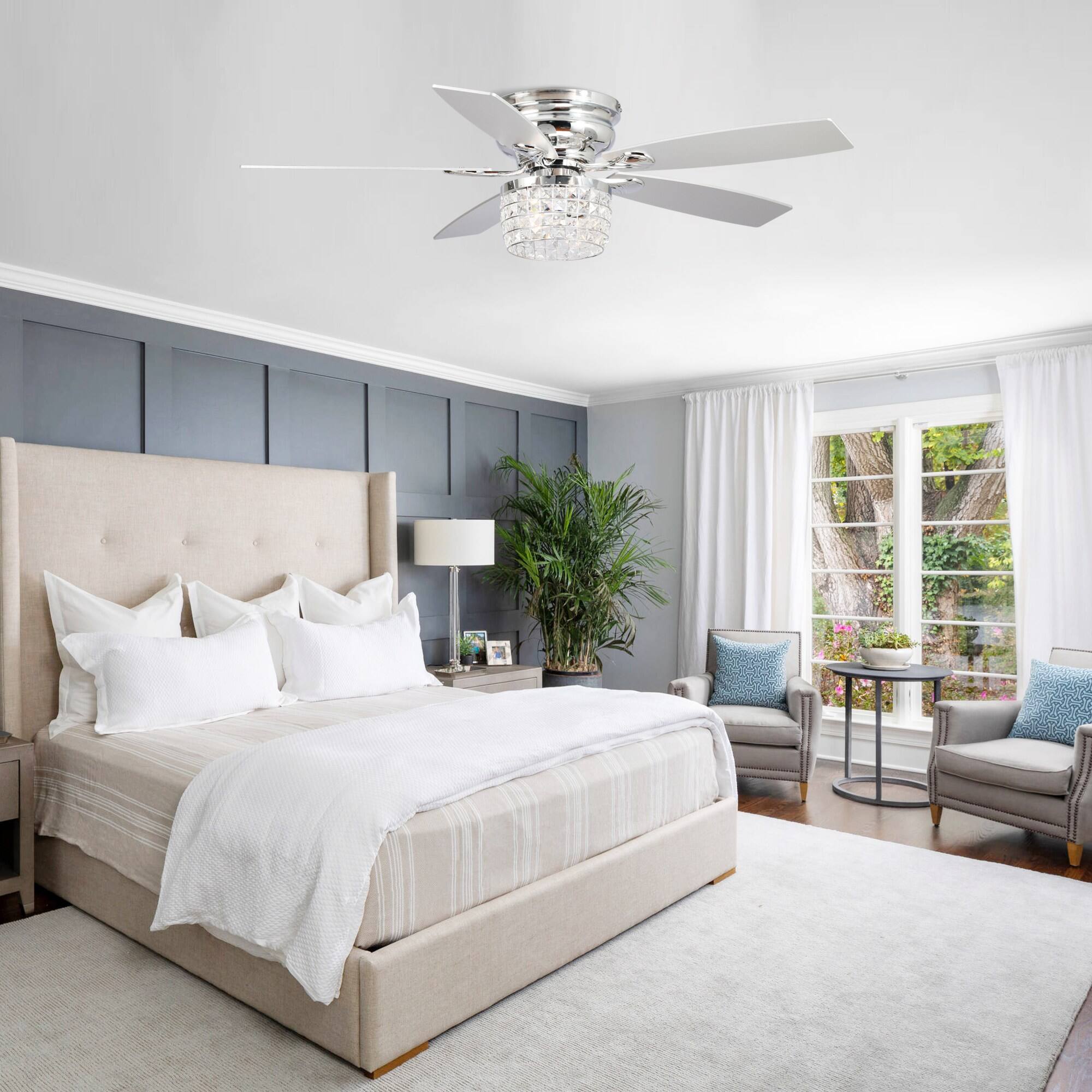 Angle. Parrot Uncle - 52" Chrome Modern Crystal Flush Mount Ceiling Fan with Light Kit and Remote - Chrome.