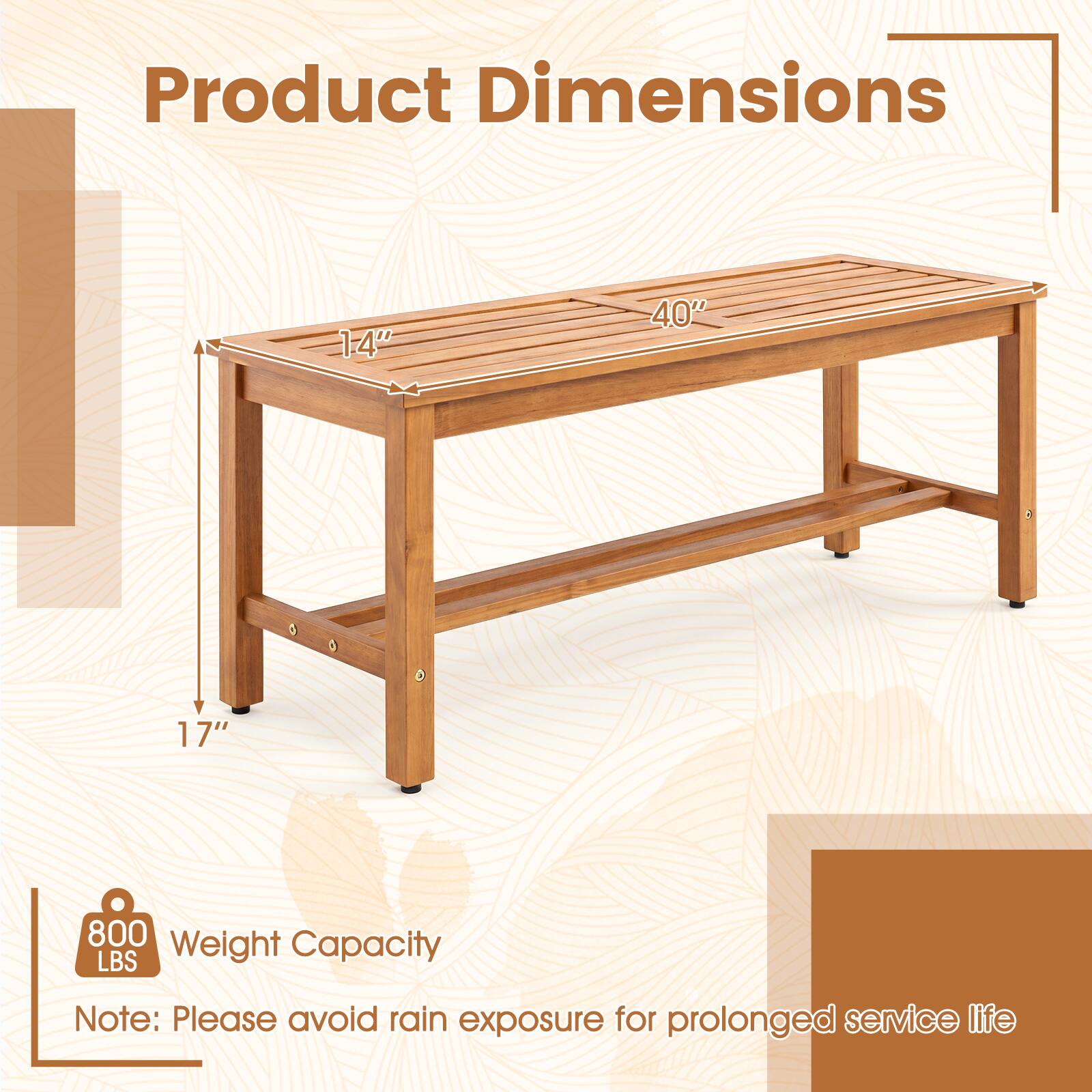 Product Dimensions: 14" x 40" x 17"  
Weight Capacity: 800 LBS  
Note: Please avoid rain exposure for prolonged service life