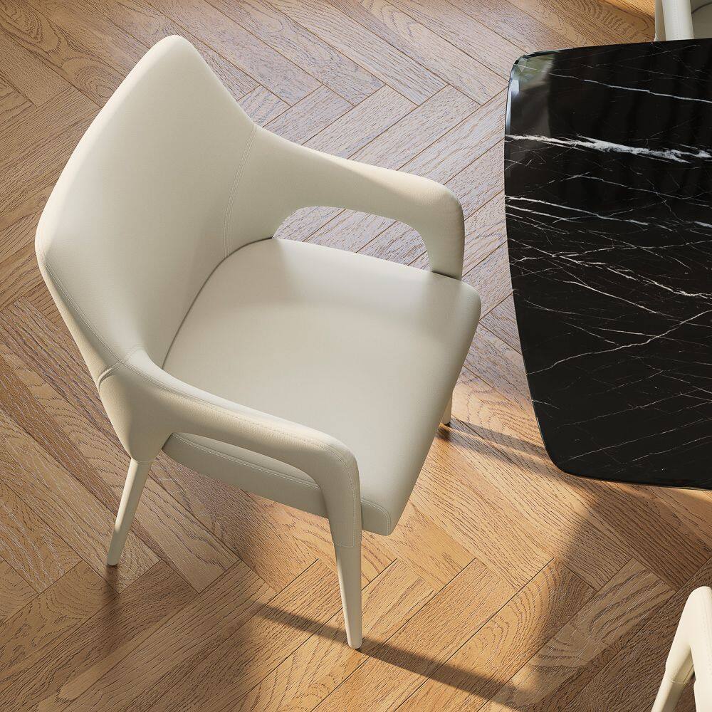 Angle. POVISON - Modern Leather Dining Chairs with Arms Set of 2, Upholstered Dining Chairs, Accent Chairs for Living Room, Beige - Beige.