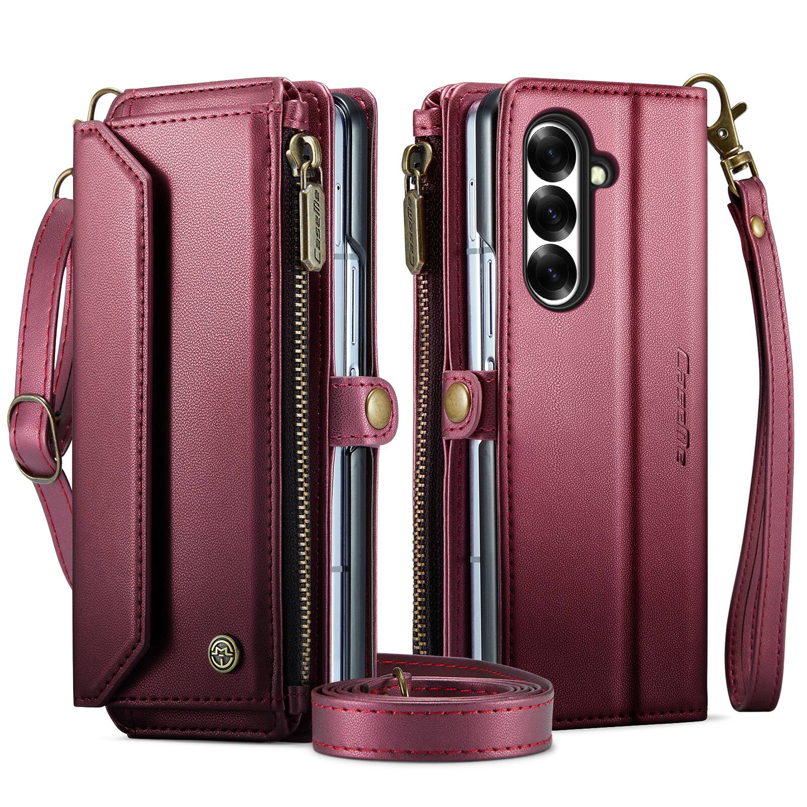 Angle. Dteck - Wallet Case for Samsung Galaxy Z Fold8 Ultra, PU Leather RFID Blocking Card Holder Kickstand Cover with Crossbody Strap - Winered.