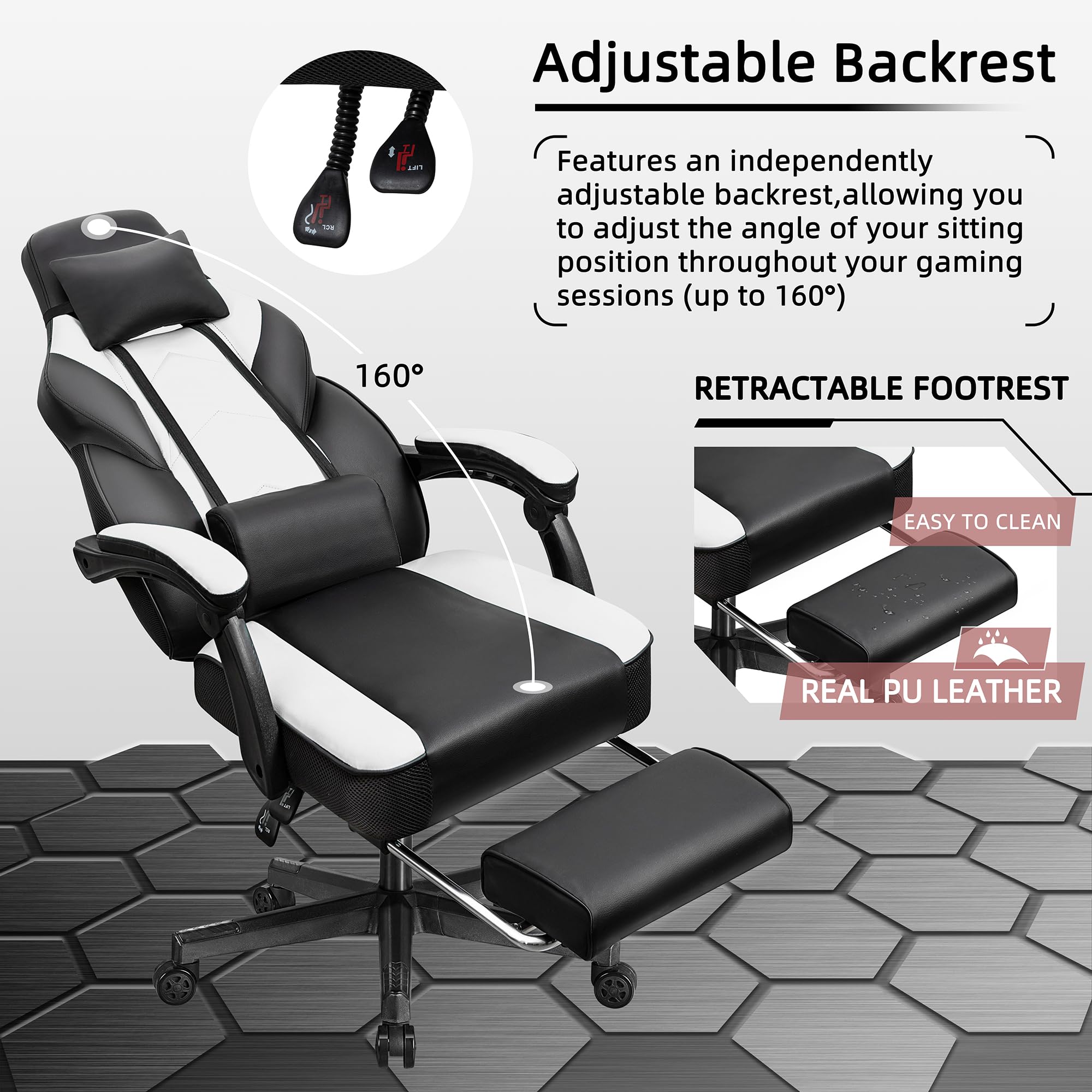 Adjustable Backrest  
Features an independently adjustable backrest, allowing you to adjust the angle of your sitting position throughout your gaming sessions (up to 160°)  

RETRACTABLE FOOTREST  
EASY TO CLEAN  
REAL PU LEATHER