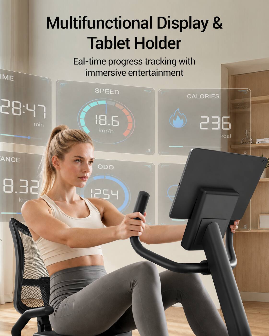 Multifunctional Display & Tablet Holder  
Eal-time progress tracking with immersive entertainment  
IME 28:47 18.6 min 236 km/h kcal  
ANCE 8.32 km ODO 1254