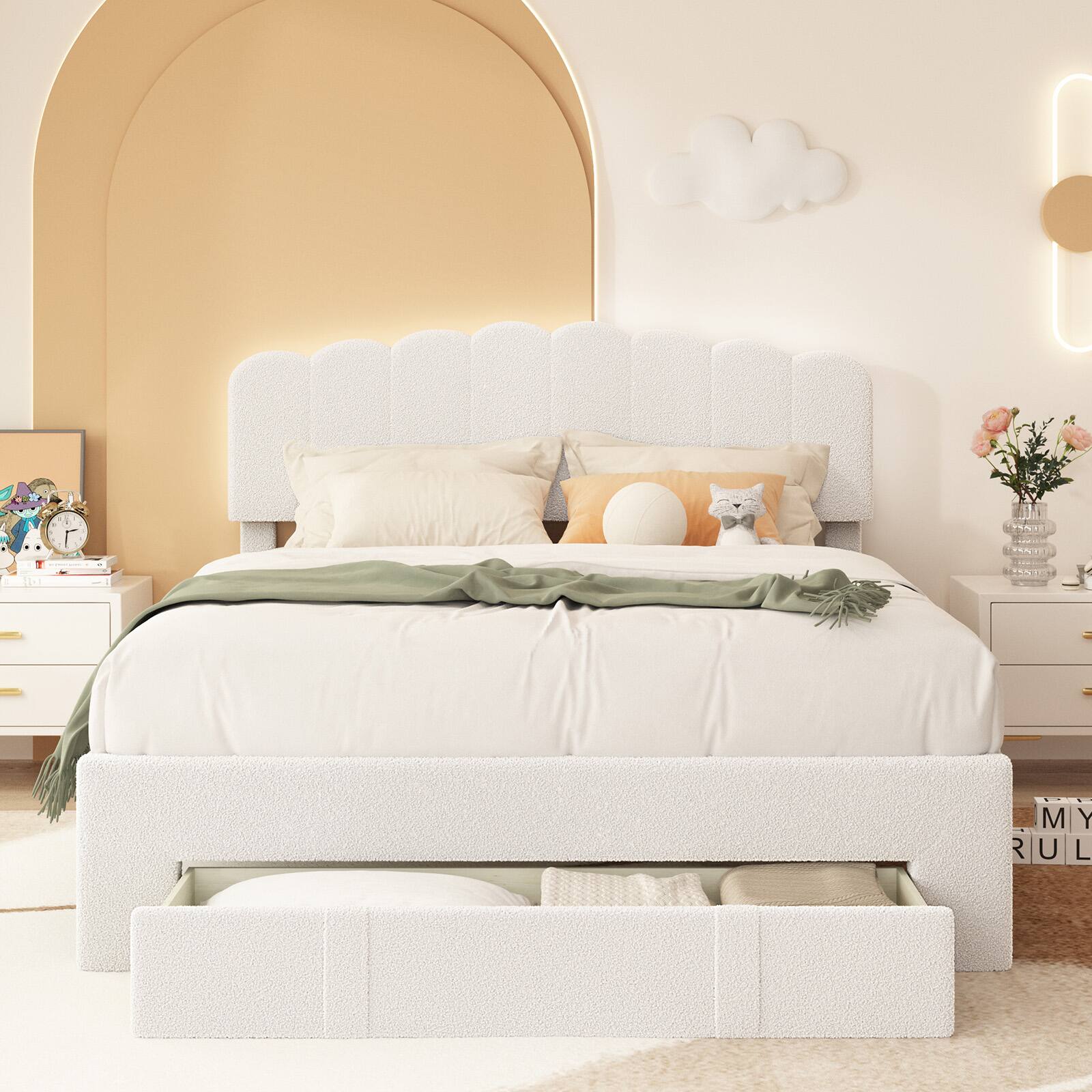 Alt View 1. Bestier - Modern Upholstered Bed Frame with Wave Headboard, White Ambience Lighting and Extra-Large Storage Drawer - white.