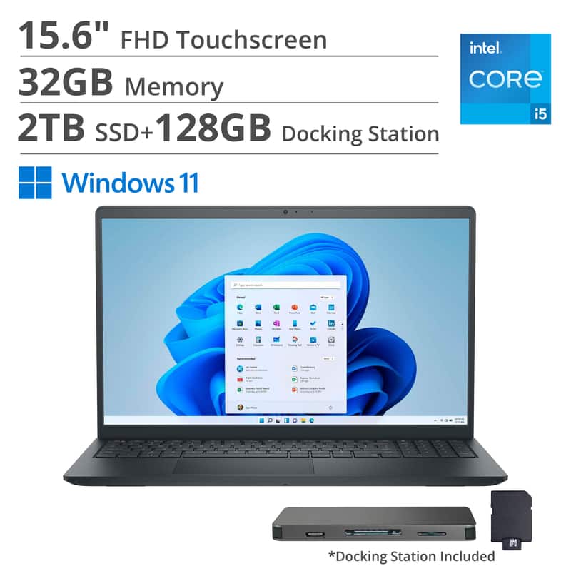 Dell - 15.6" 2K Touch Laptop,Intel i5 1334U,32GB RAM,2TB SSD+160GB Dock Set,Intel UHD GPU,Numeric Pad,Win 11 - Black