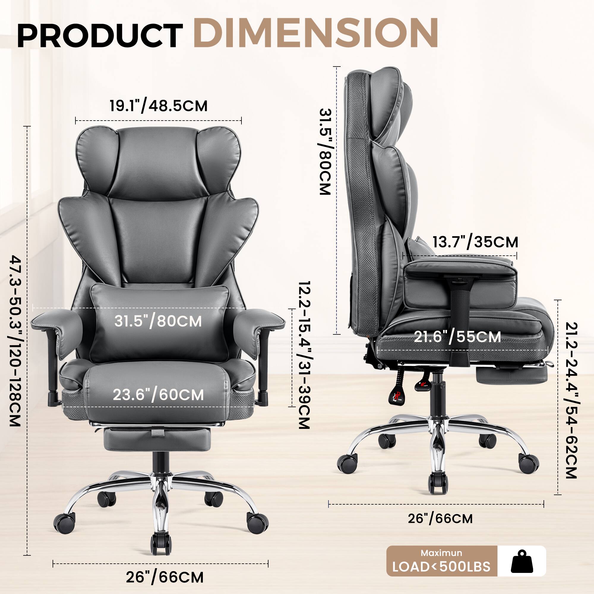 KERDOM - Ergonomic Reclining Office Desk Chair, Beautiful PU Leather High Back Computer Chair, Adjustable Armrest & Height - Gray - Thumbnail 3