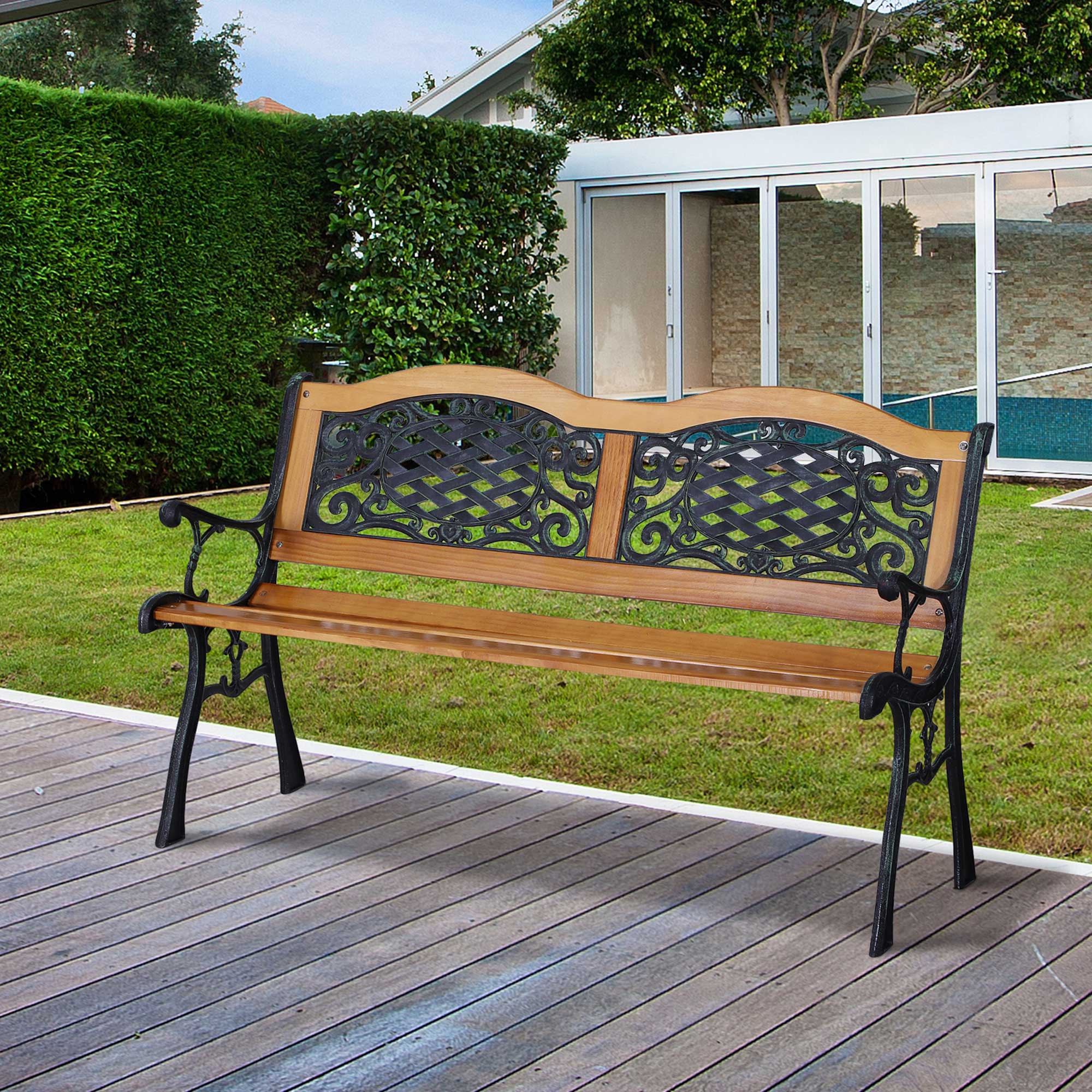 Angle. AOOLIVE - Outsunny 50"Outdoor Garden Bench,Patio Bench with Wood Seat,Porch Bench with Antique-Like Flourishes for Outdooor,Teak - Natural.