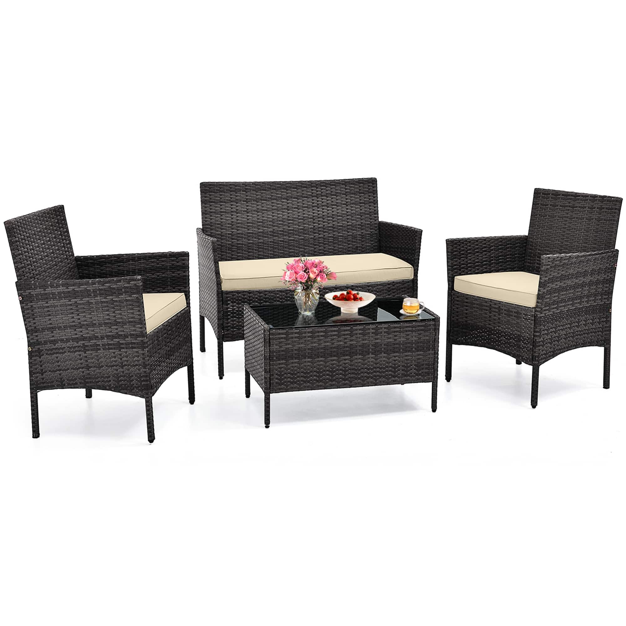 Front. Costway - 4 PCS Patio Furniture Set with Washable Cushions and Tempered Glass Coffee Table - Beige + Mix Brown.