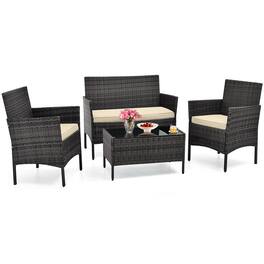 Costway - 4 PCS Patio Furniture Set with Washable Cushions and Tempered Glass Coffee Table - Beige + Mix Brown