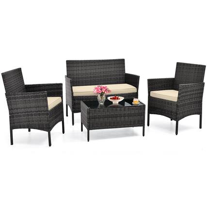 Front. Costway - 4 PCS Patio Furniture Set with Washable Cushions and Tempered Glass Coffee Table - Beige + Mix Brown.