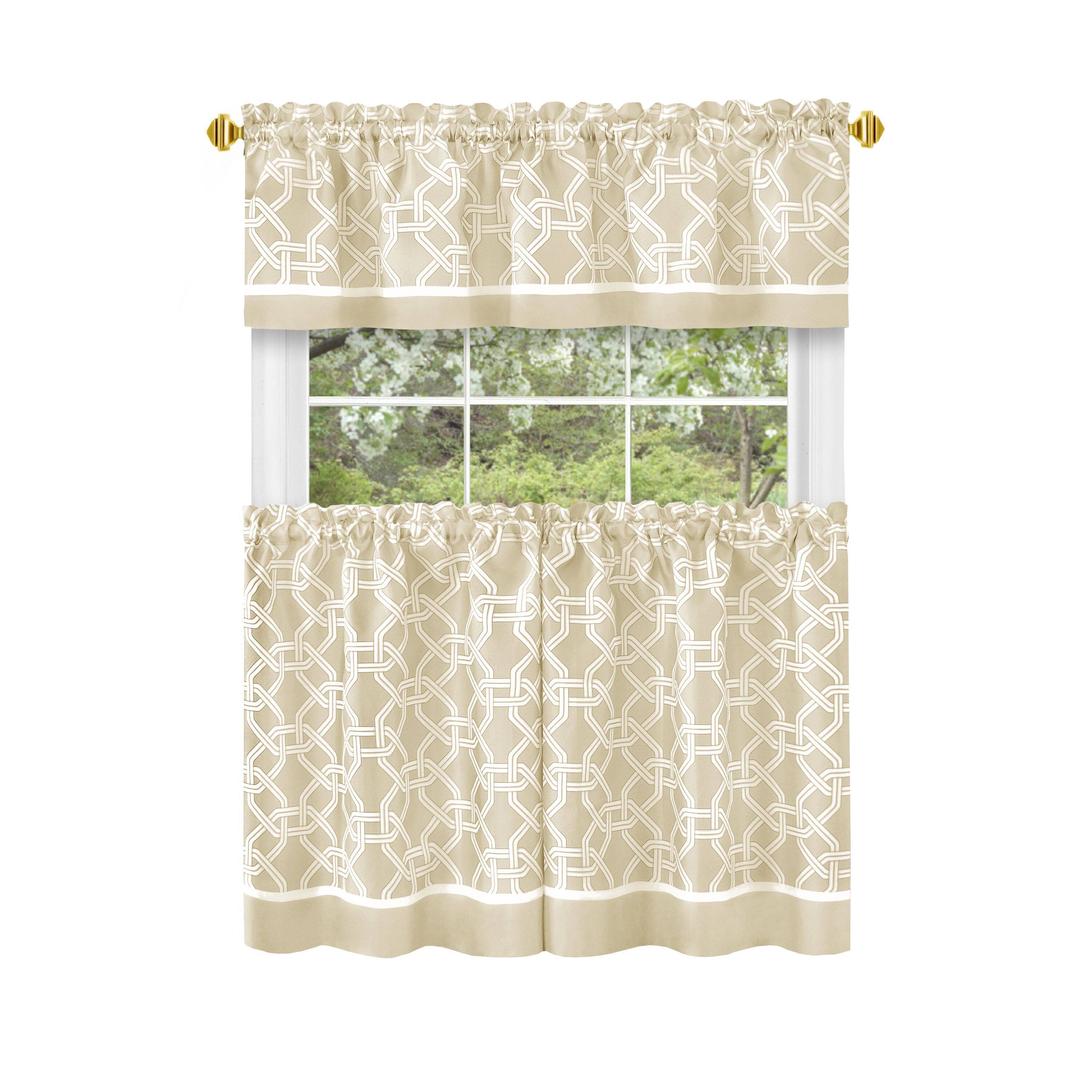 Angle. Kate Aurora - Kate Aurora Geometric Crescent 3 Piece Rod Pocket Cafe Kitchen Curtain Tier & Valance Set - 24 in. Long - Taupe - Taupe.