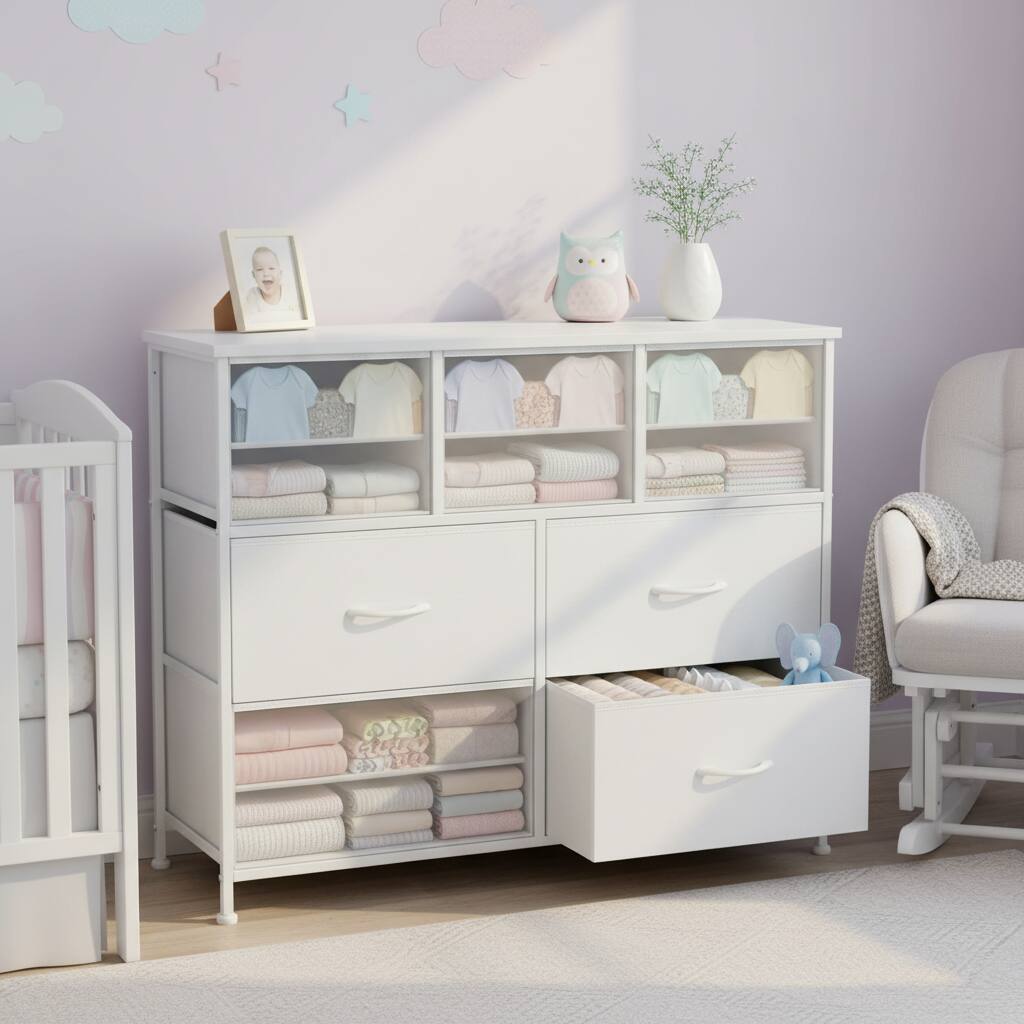 Angle. AOITUN - 7 Drawer Dresser for Bedroom, TV Stand for 45 Inch TV, Fabric Storage Chest with Wood Top, Sturdy Media Console, White - White.